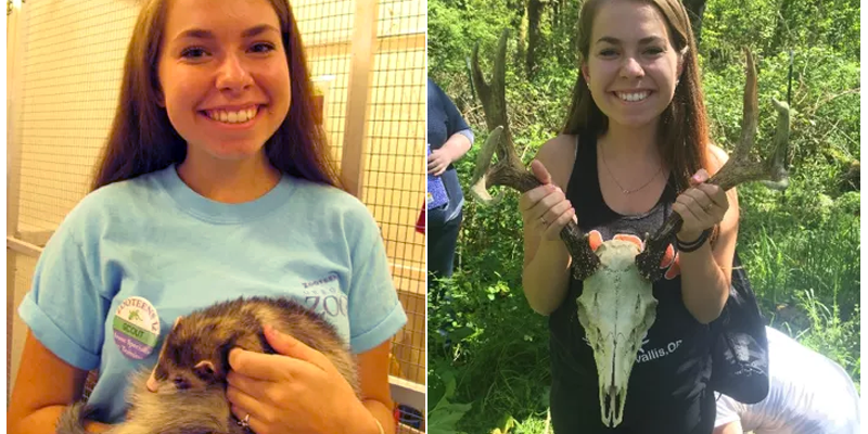 A photo of a student with a ferret 